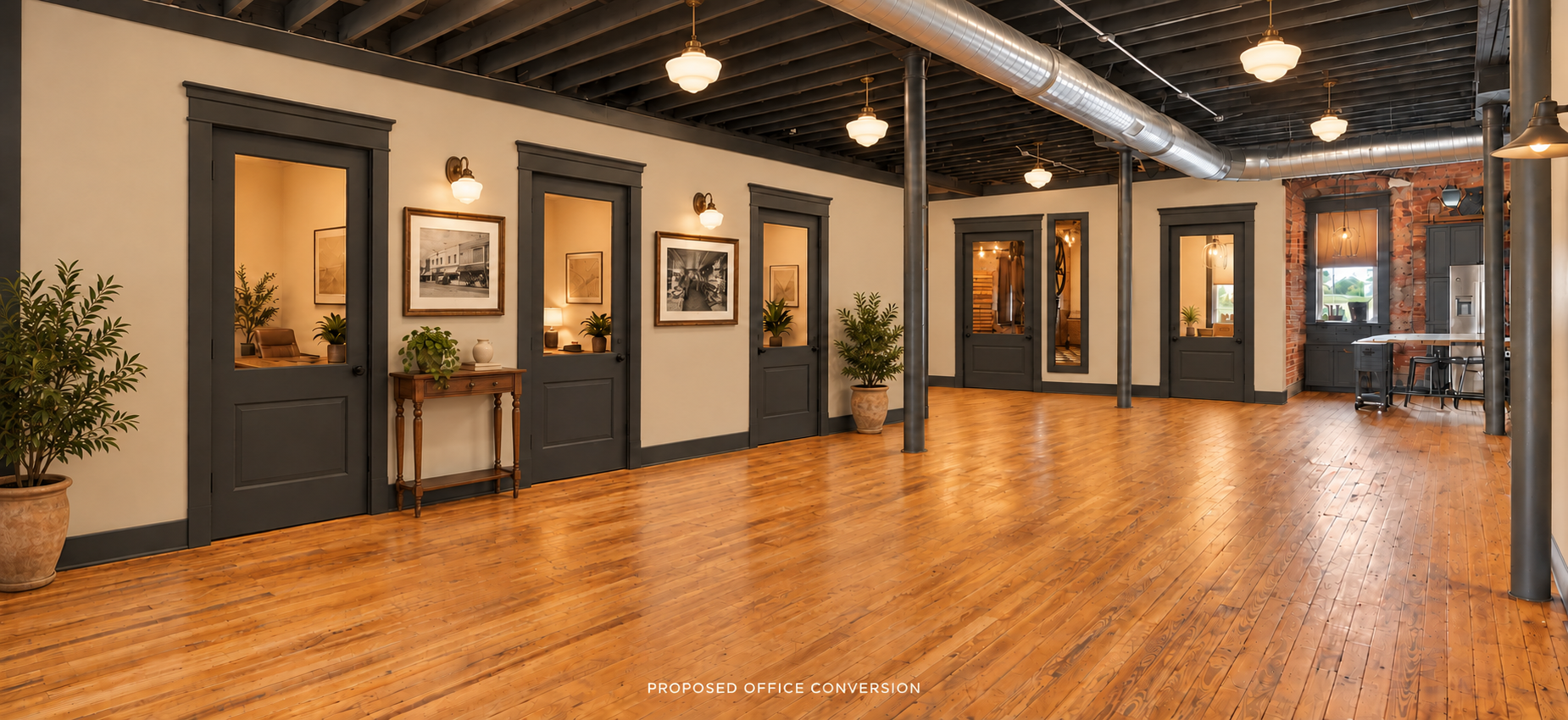 AI-generated office hallway concept with warm beige walls, framed historic photographs, plants, vintage lighting, and shared kitchen access