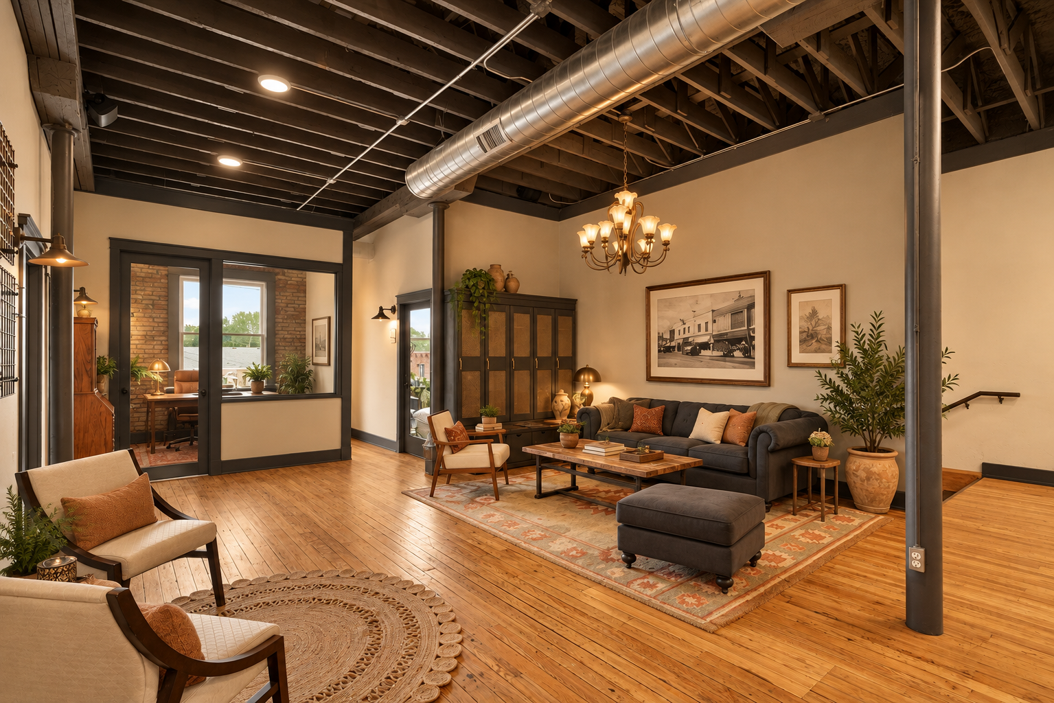 AI-generated concept showing an open shared lounge with warm walls, historic artwork, plants, and vintage lighting beside the enclosed front window office